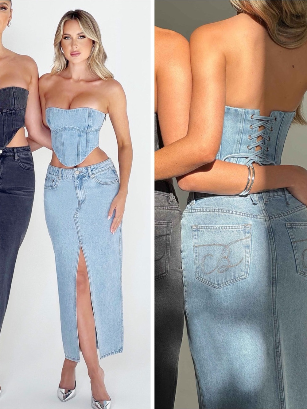Babyboo Woman Blue Denim Front Slit Maxi Skirt SMALL Bodycon Classic Western Y2K